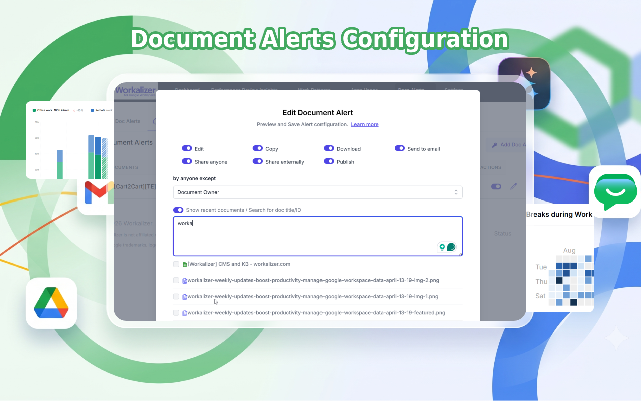 Document alerts configuration for Drive sharing, edits, and downloads
